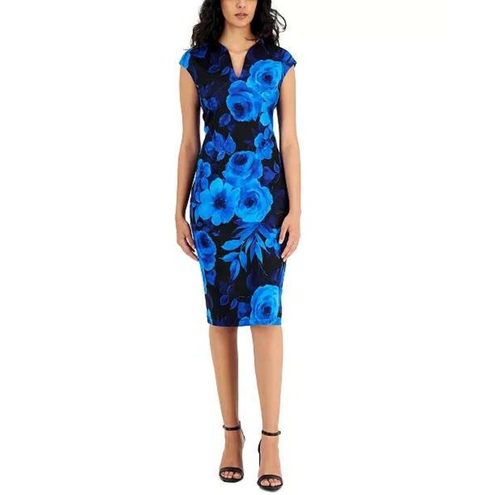 Connected Apparel Women Blue Floral Scuba Sheath Dress Cap‎ Sleeve Size 4 NEW